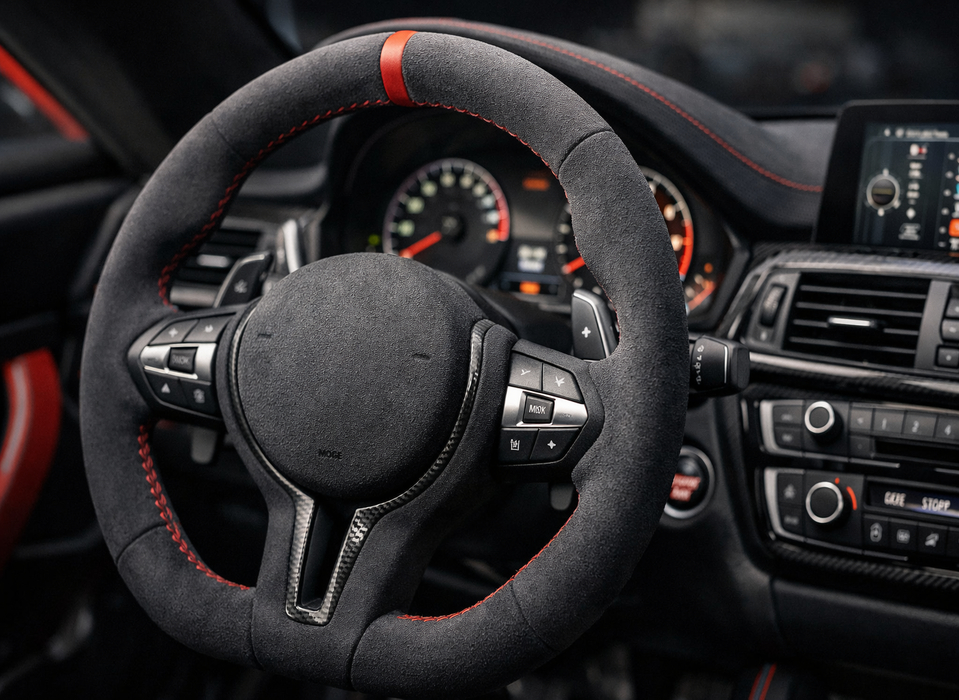 materils for steering wheel alcantara алькантара на руле с курсовой меткой
